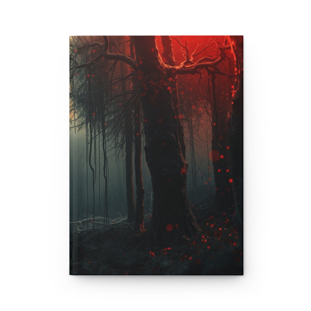CRIMSONVEIL misty forest hardcover art journal by Scattercrate — deep red moody forest notebook