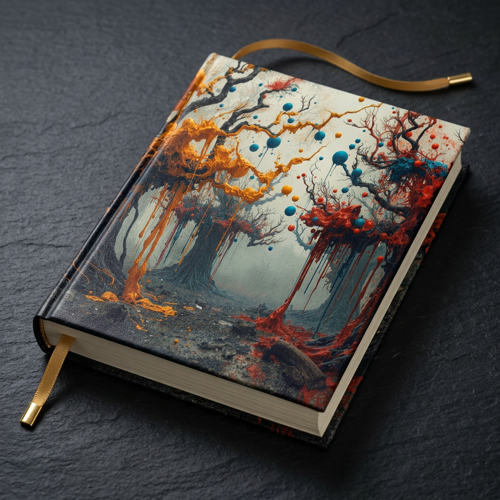 CONJURE surreal paint forest hardcover art journal by Scattercrate — lifestyle mockup gnarled trees gold crimson