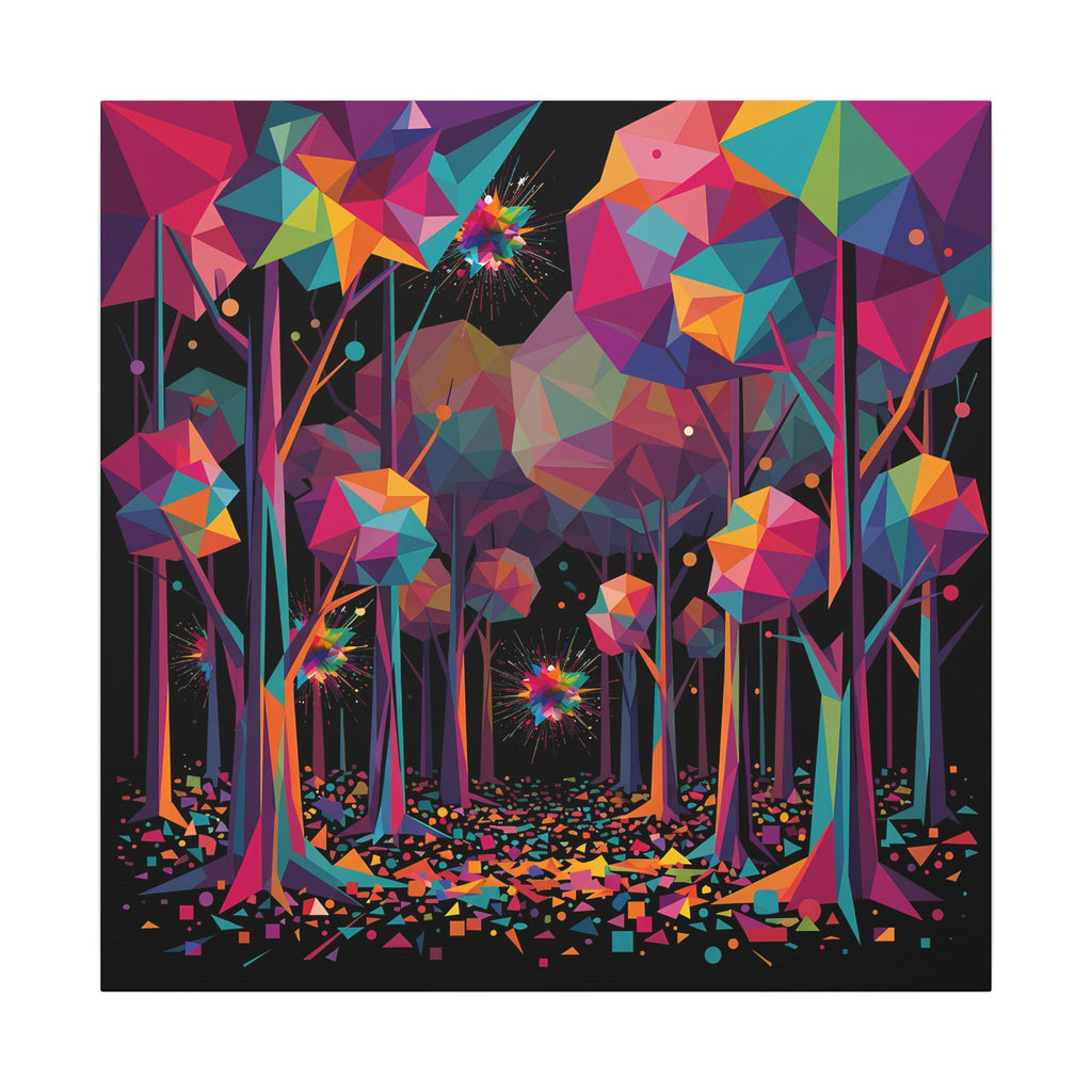 GEOMETRIC FOREST framed canvas wall art by Scattercrate — emerald and gold low-poly geometric forest art