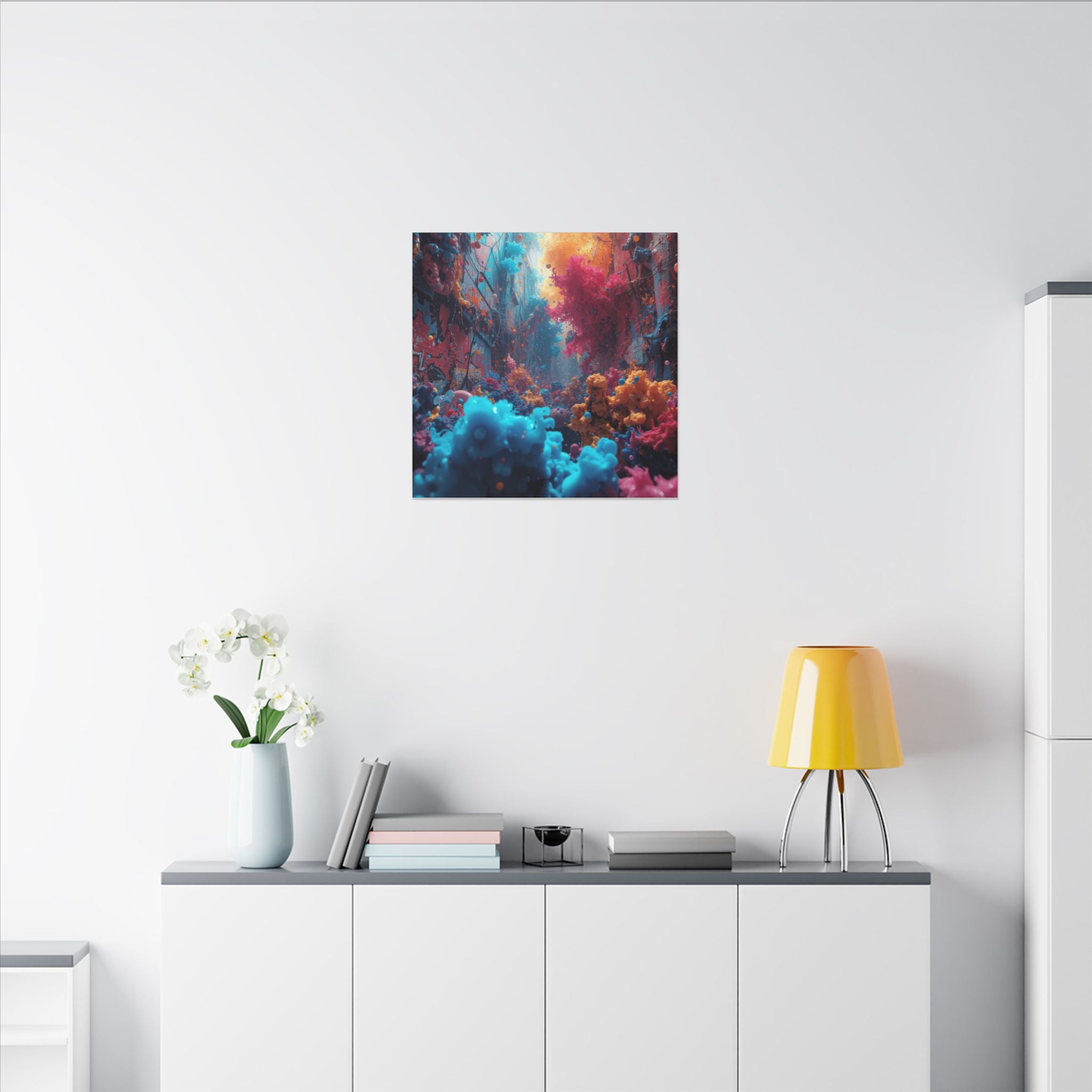 Alleybloom canvas print by Scattercrate — graffiti coral ink blooms on a tagged alley wall