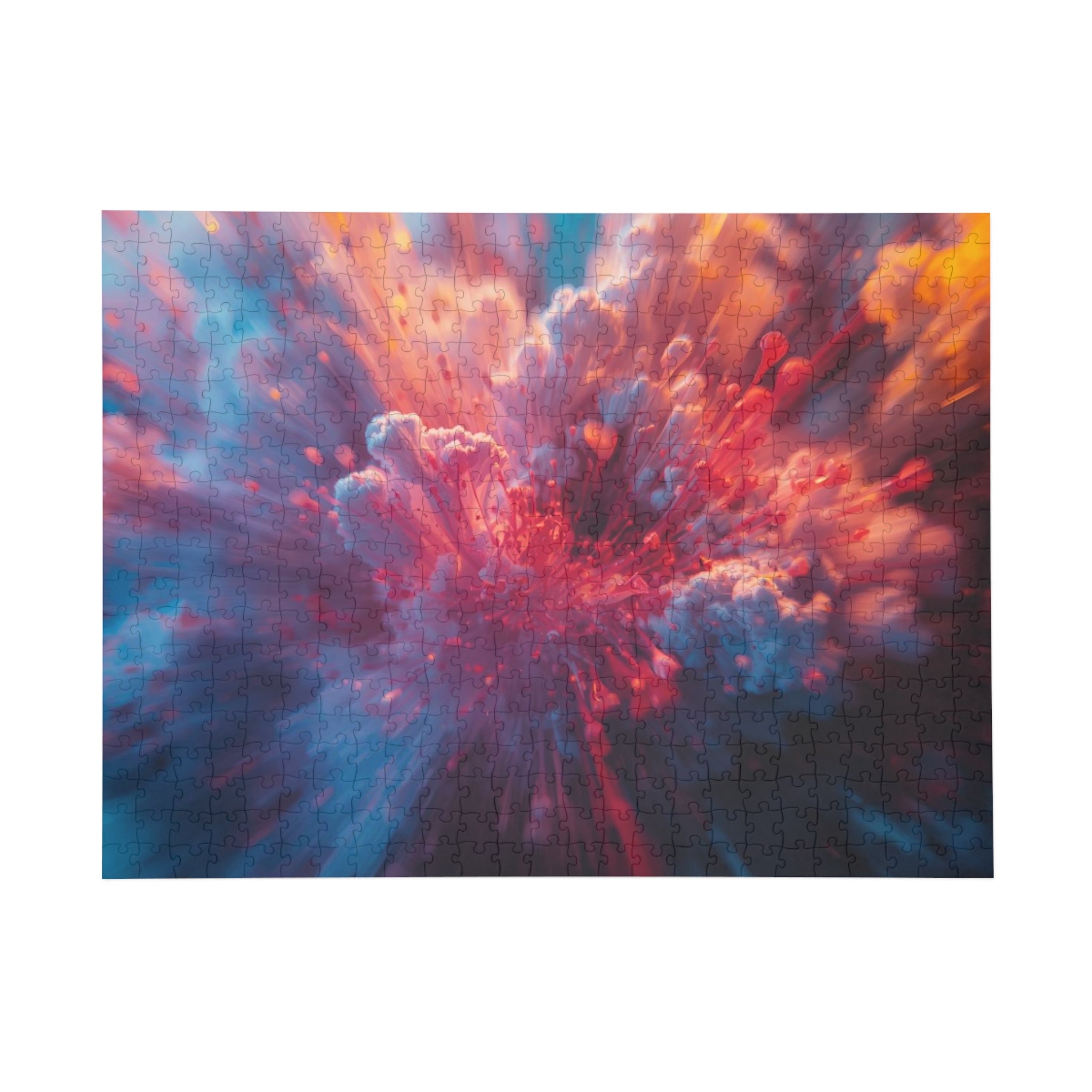 Vortexbloom 500-piece jigsaw puzzle by Scattercrate — red, pink and gold radial motion burst art