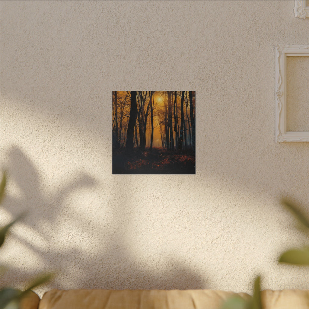 GOLDFALL molten gold dusk forest framed canvas wall art by Scattercrate — golden moody forest decor