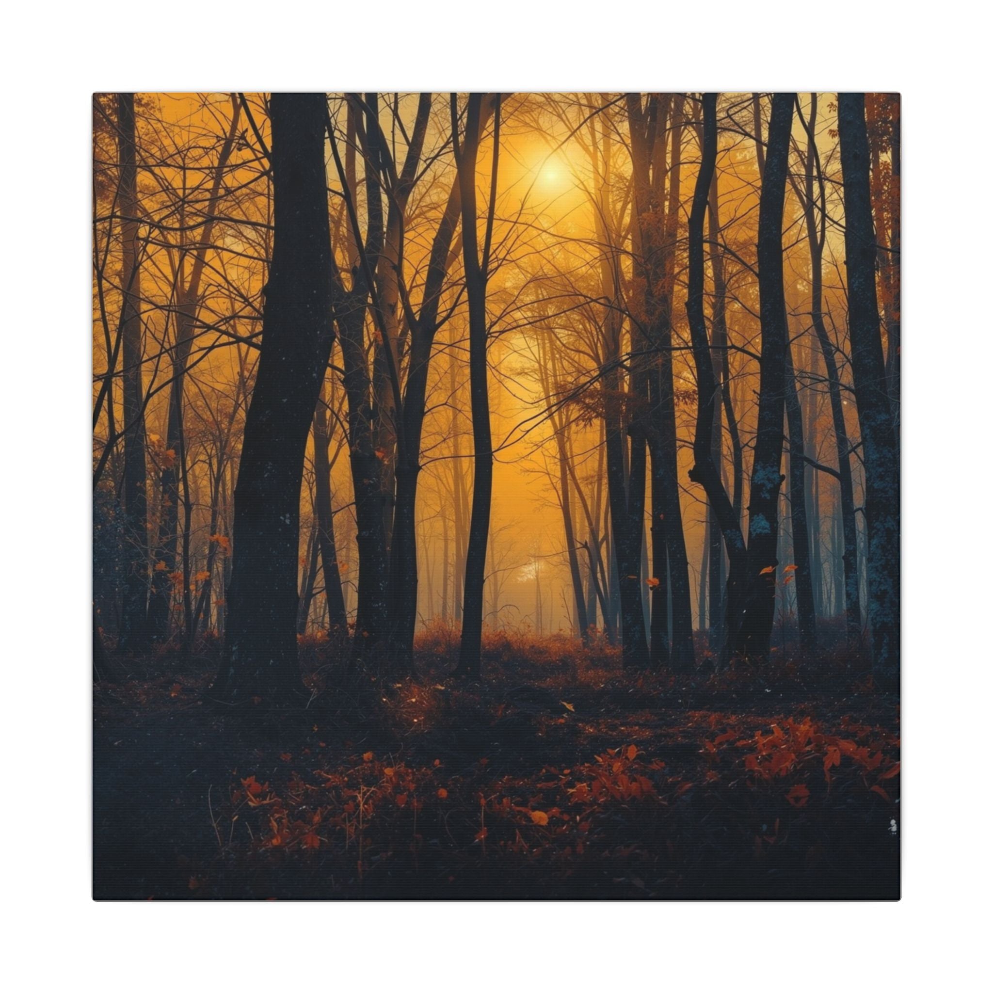 GOLDFALL molten gold dusk forest framed canvas wall art by Scattercrate — golden moody forest decor