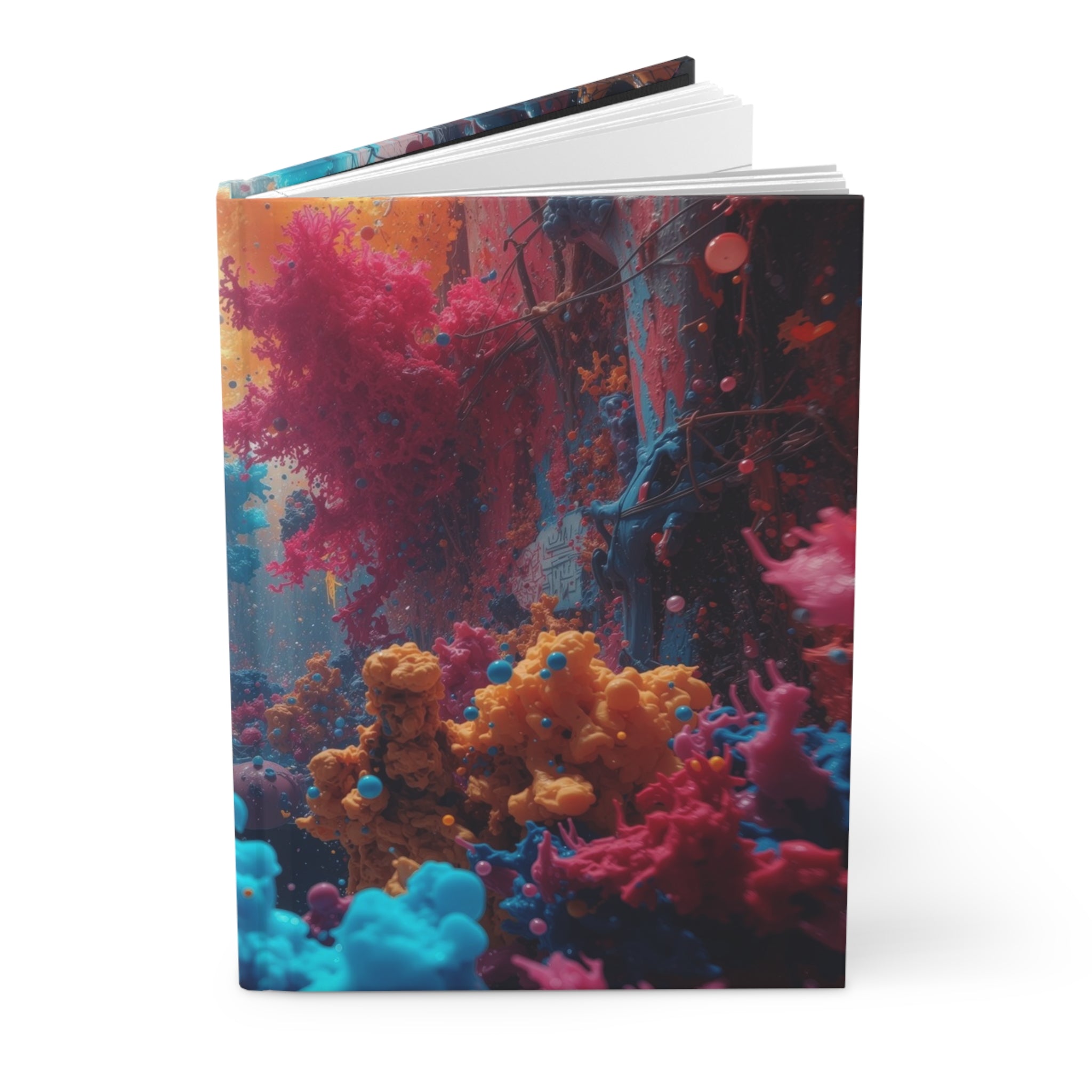 Alleybloom hardcover journal by Scattercrate — graffiti coral ink blooms on a tagged alley wall