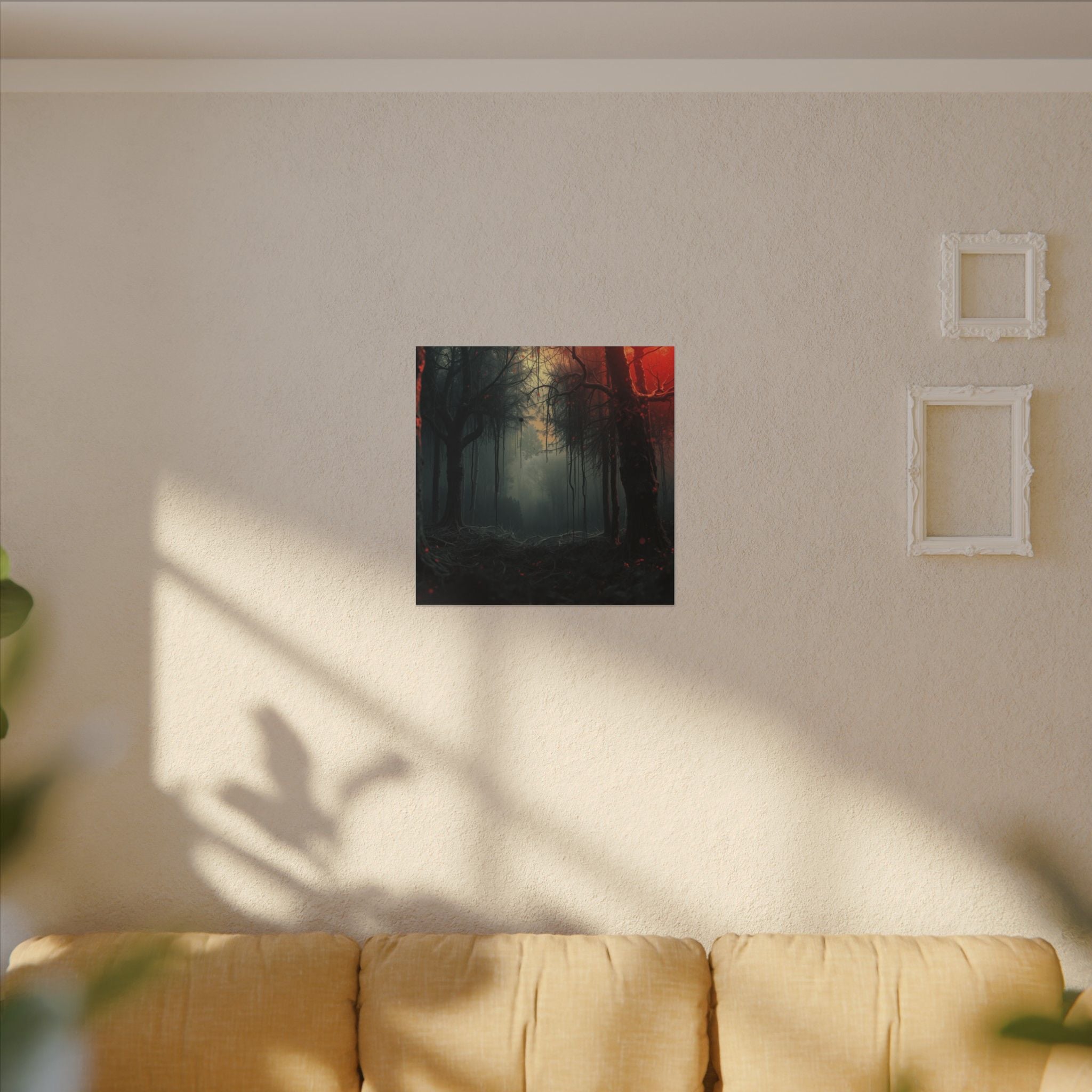 CRIMSONVEIL crimson canopy misty forest framed canvas wall art by Scattercrate — deep red moody decor