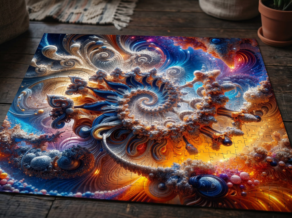 AMMONITE cosmic spiral shell jigsaw puzzle by Scattercrate — icy blue fractal coil against molten gold