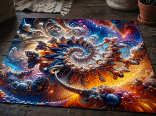 AMMONITE cosmic spiral shell jigsaw puzzle by Scattercrate — icy blue fractal coil against molten gold