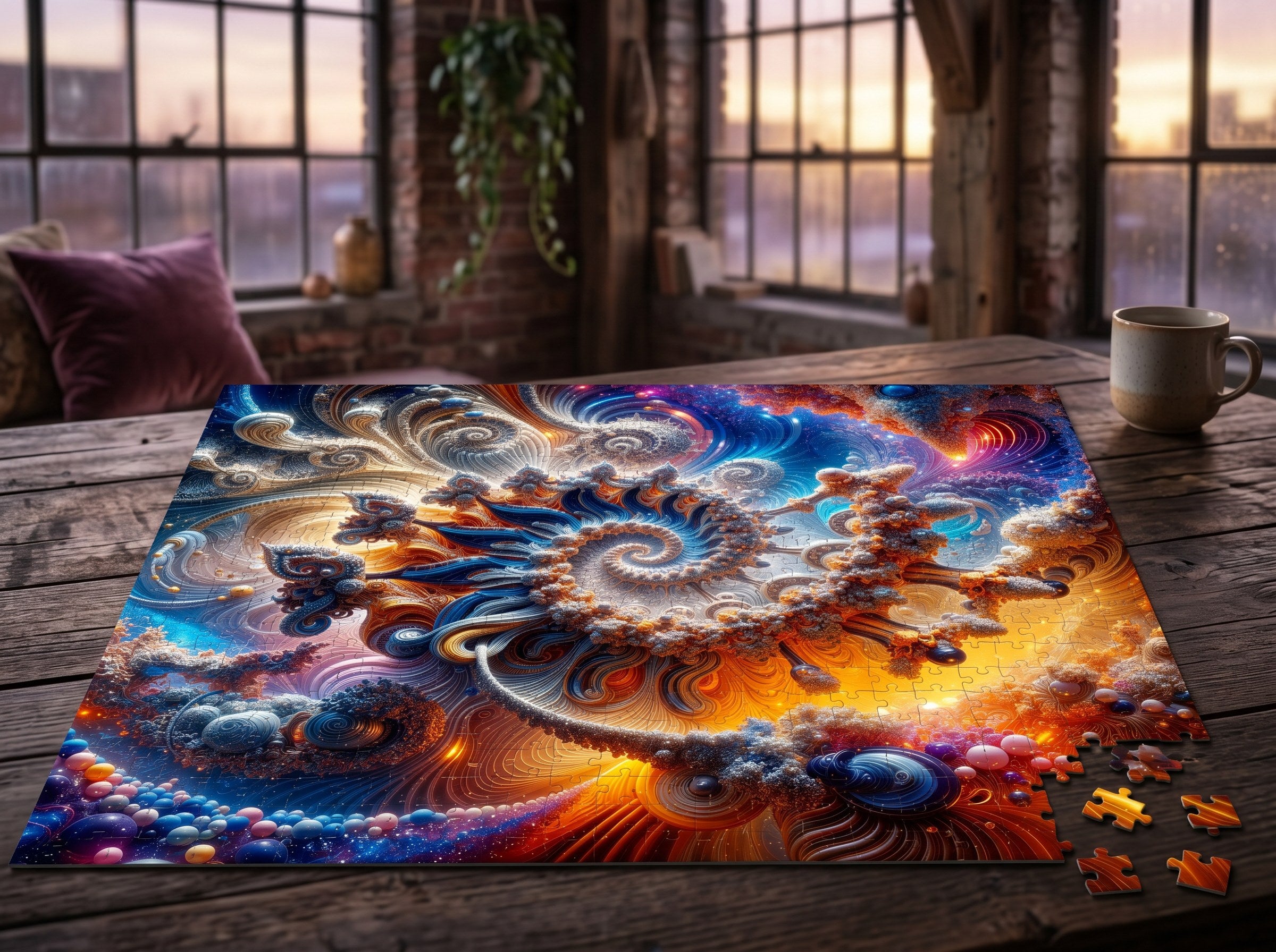 AMMONITE cosmic spiral shell jigsaw puzzle by Scattercrate — icy blue fractal coil against molten gold