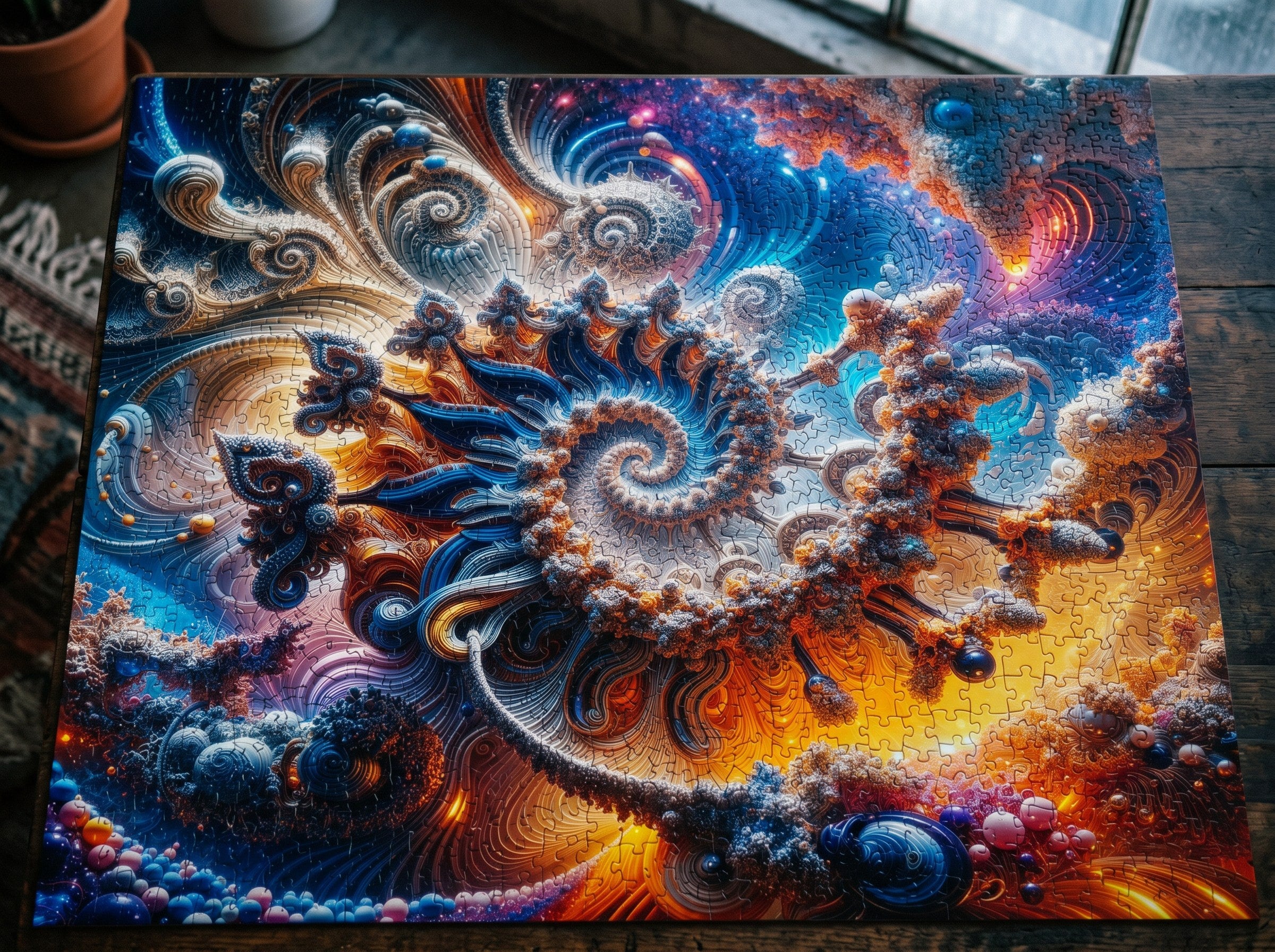 AMMONITE cosmic spiral shell jigsaw puzzle by Scattercrate — icy blue fractal coil against molten gold