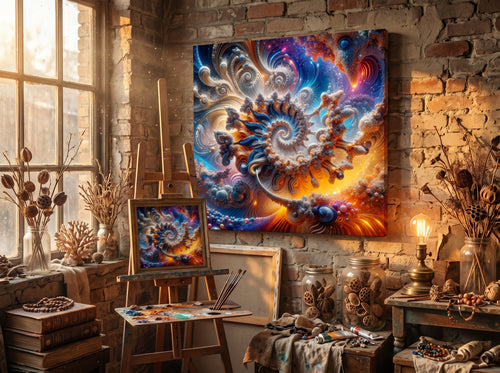 AMMONITE cosmic spiral shell canvas print by Scattercrate — icy blue fractal coil against molten gold