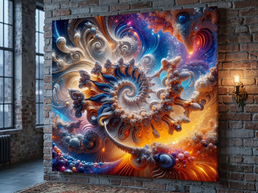 AMMONITE cosmic spiral shell canvas print by Scattercrate — icy blue fractal coil against molten gold