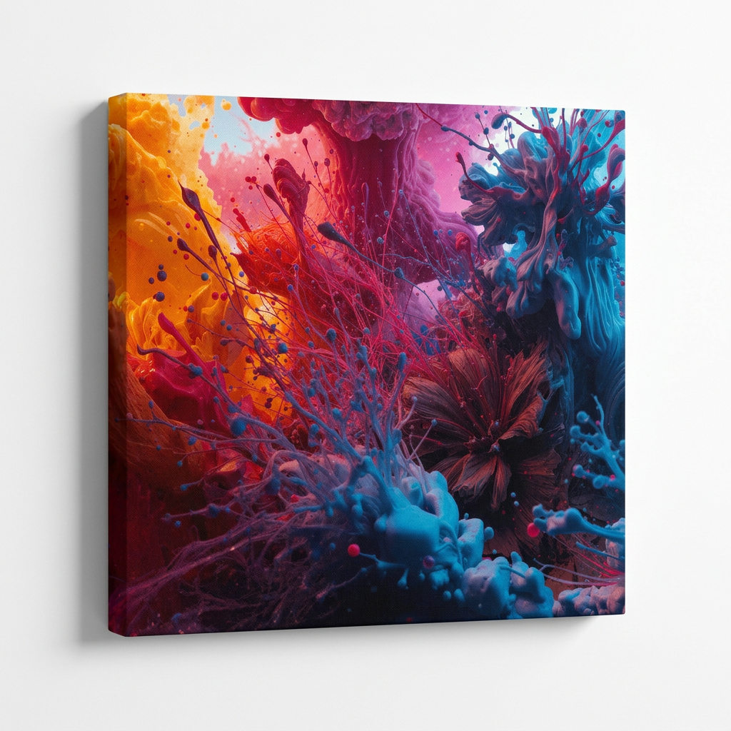 Saffronburst canvas print by Scattercrate — a column of saffron ink erupting through magenta and teal