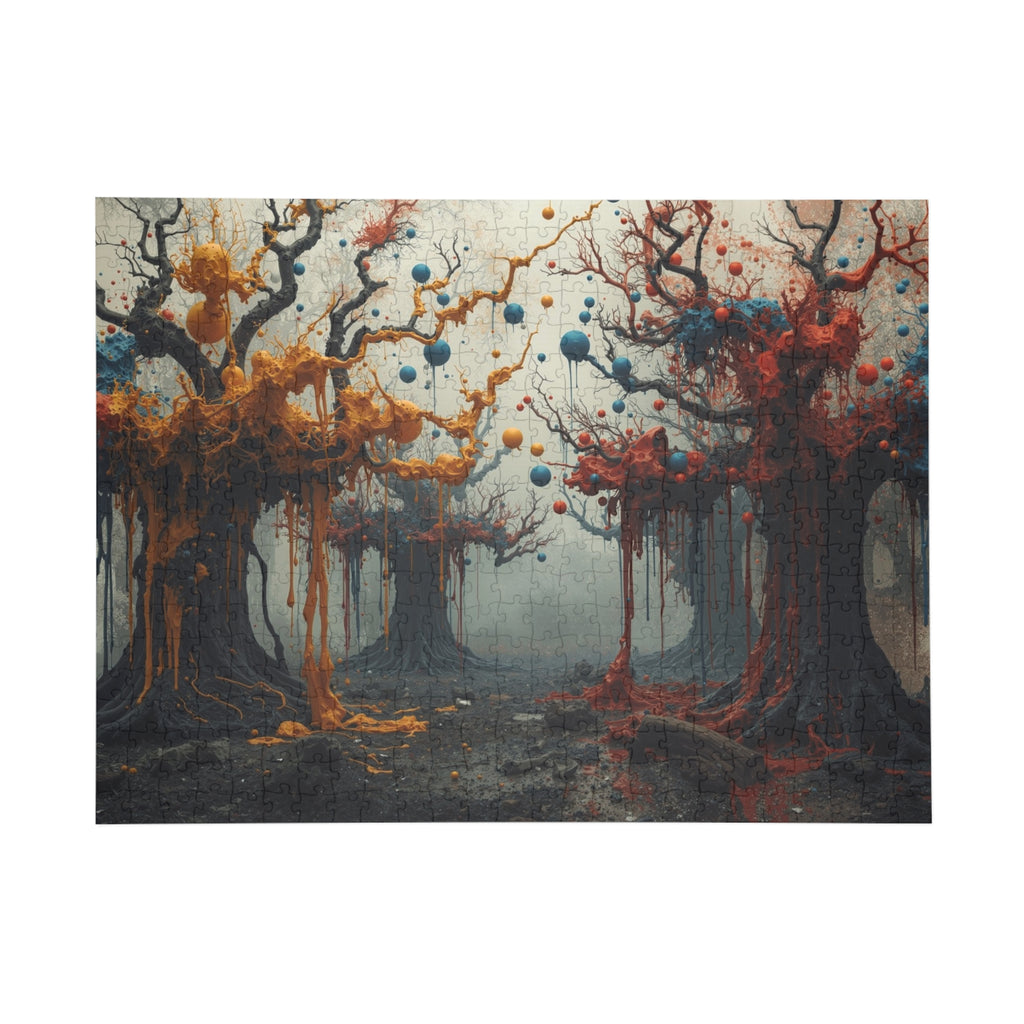 CONJURE surreal paint forest art puzzle by Scattercrate — gnarled trees dripping gold and crimson