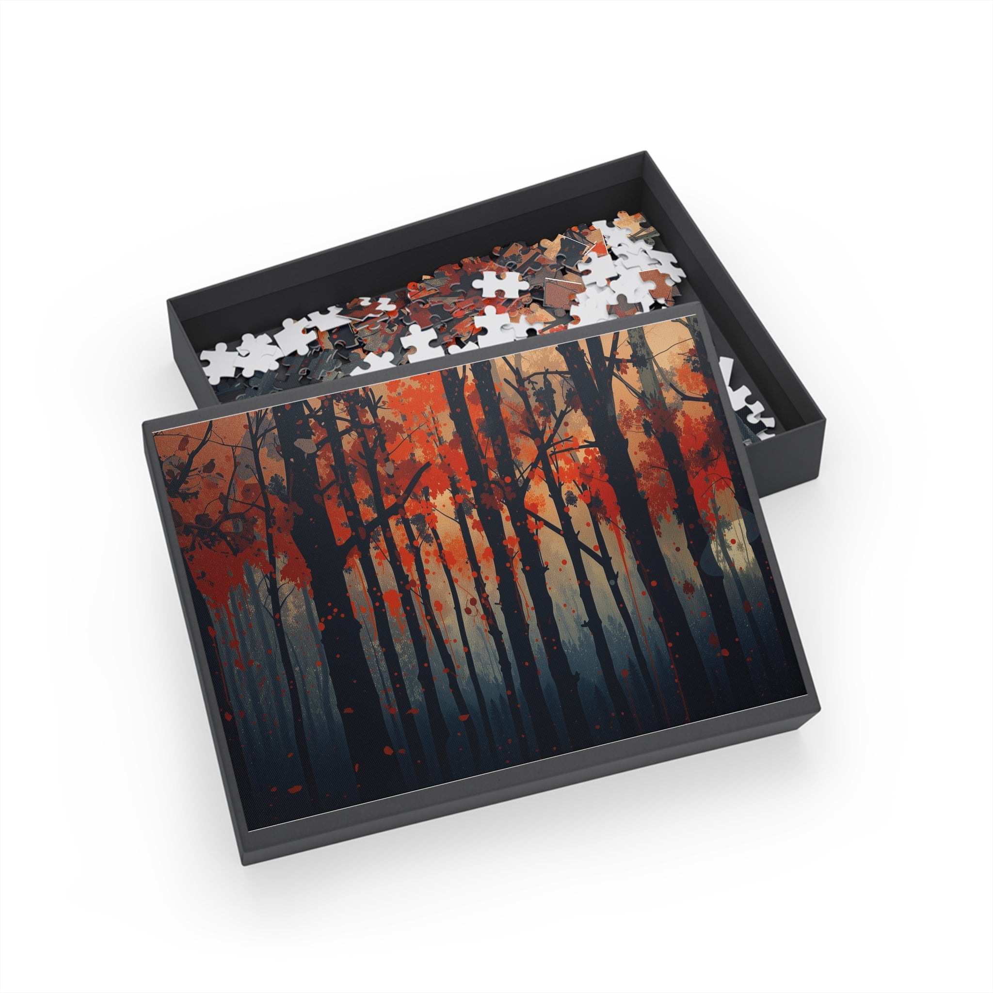 EMBERLINE 500-piece burning forest art puzzle by Scattercrate — ember-orange moody forest jigsaw gift