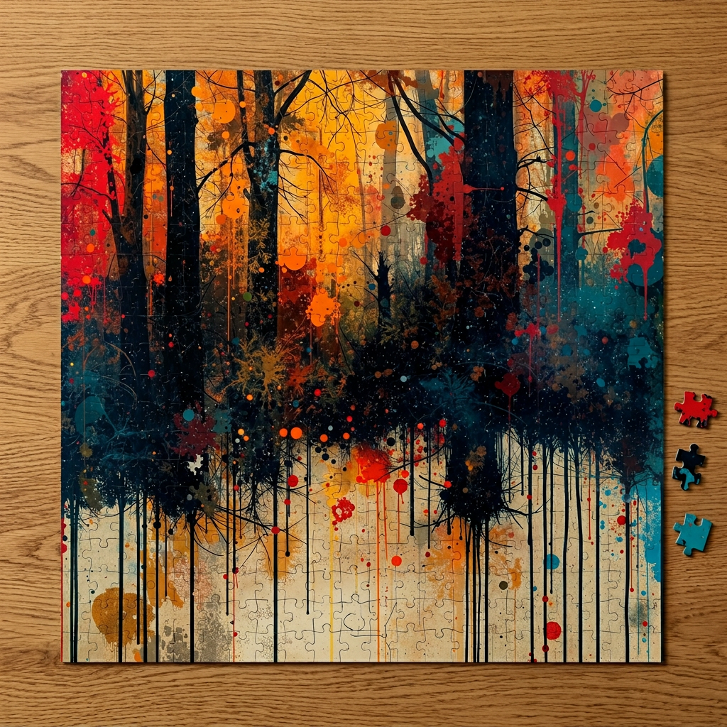 WILDSTAIN splatter forest art puzzle by Scattercrate — lifestyle mockup joyful multicolor paint