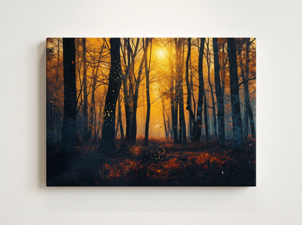 GOLDFALL molten gold dusk forest framed canvas wall art by Scattercrate — golden moody forest decor