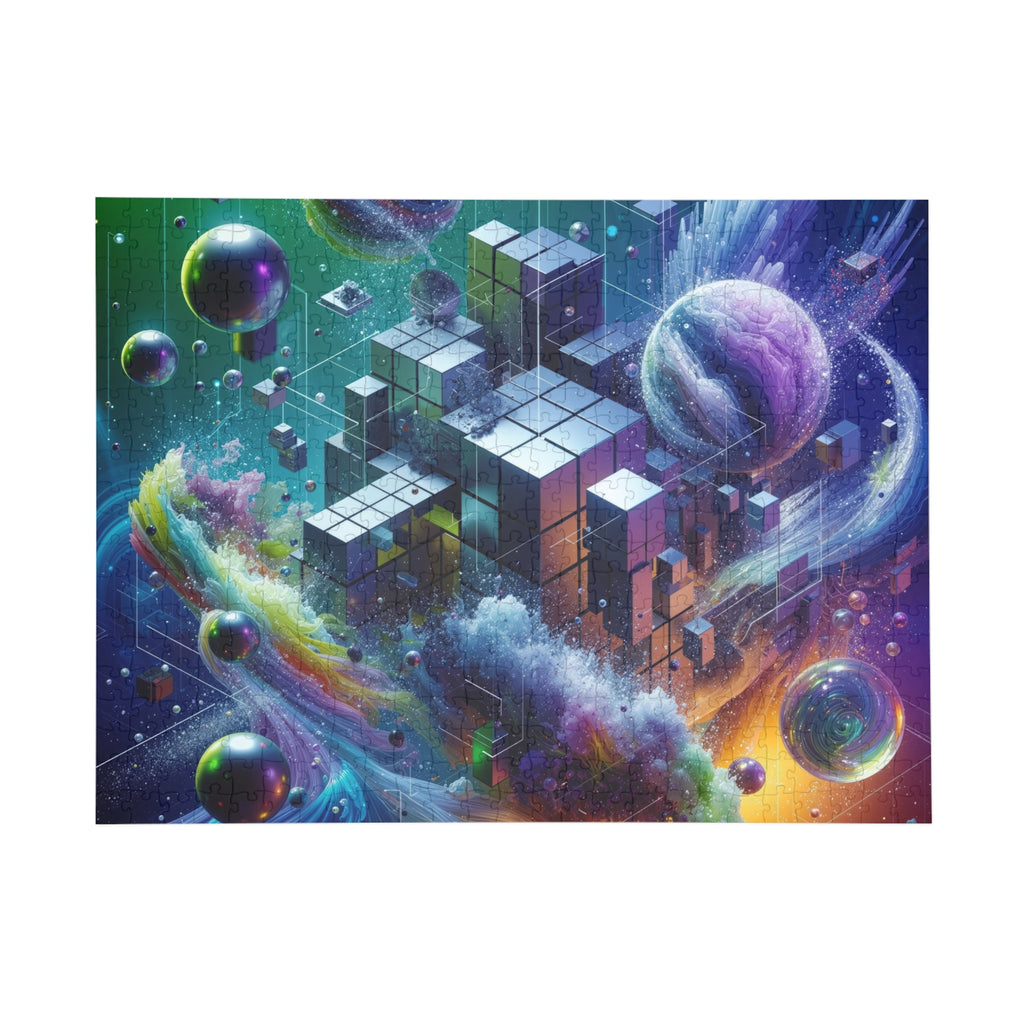 VOXEL chrome geometric cosmos jigsaw puzzle by Scattercrate — mirror cubes suspended in a green-violet nebula