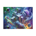VOXEL chrome geometric cosmos jigsaw puzzle by Scattercrate — mirror cubes suspended in a green-violet nebula