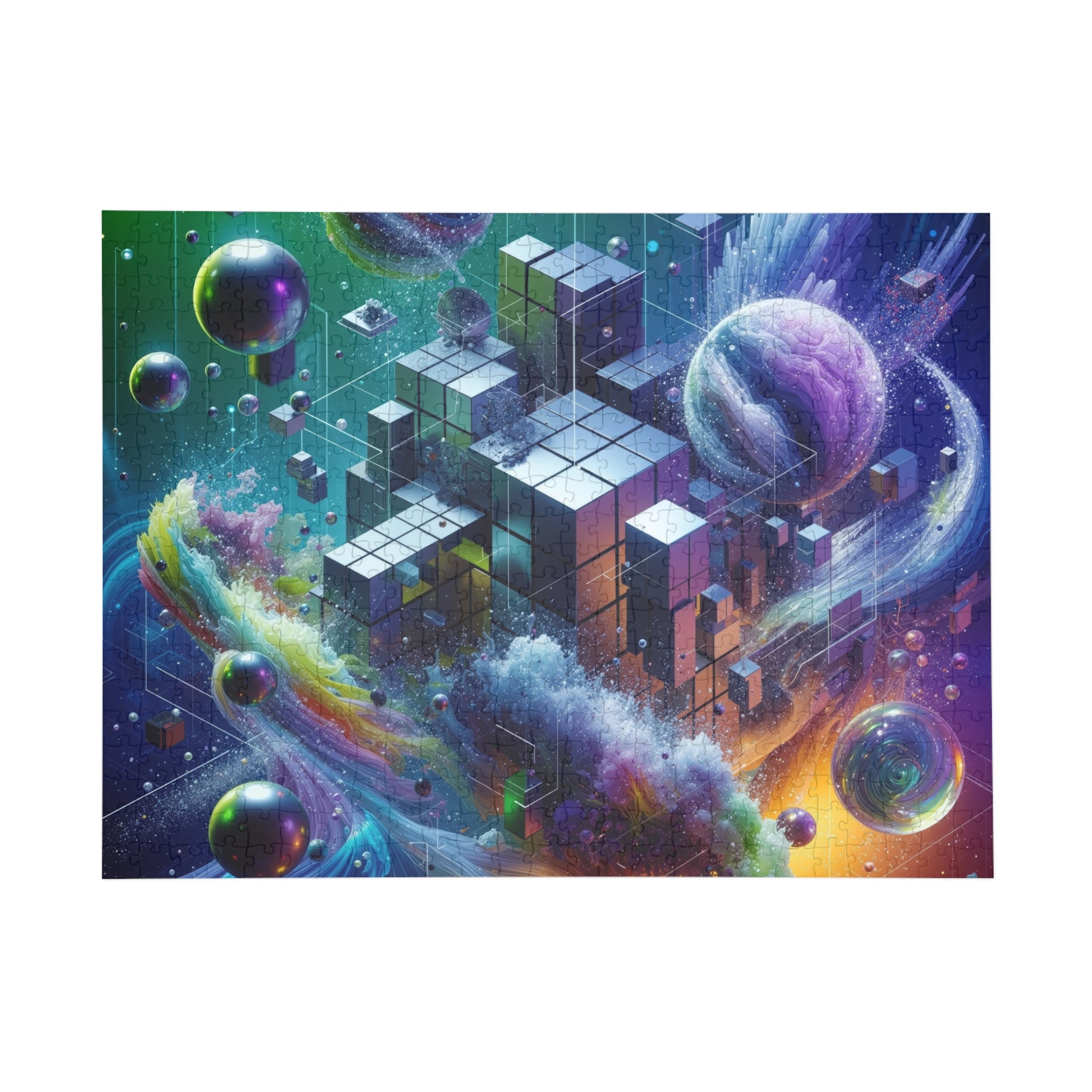 VOXEL chrome geometric cosmos jigsaw puzzle by Scattercrate — mirror cubes suspended in a green-violet nebula