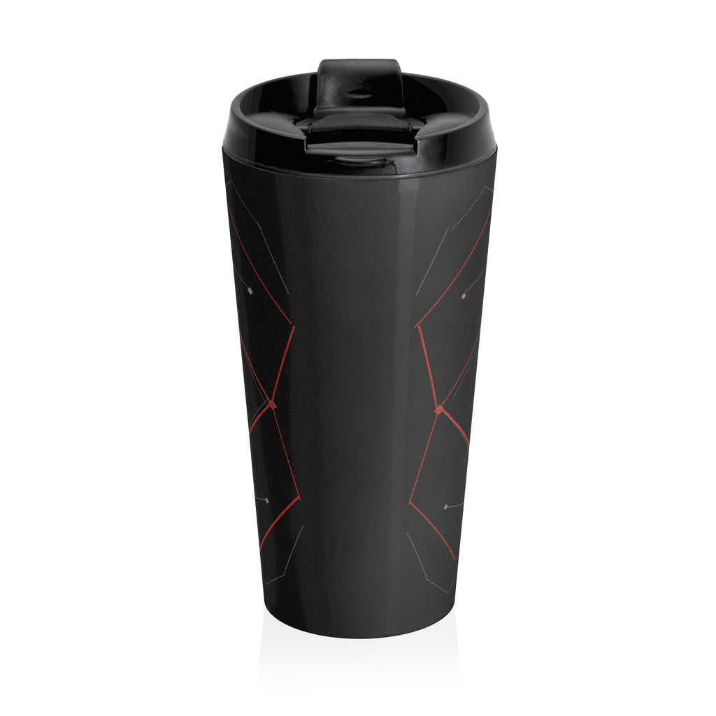 Dead Reckoning stainless steel travel mug by Scattercrate — abstract navigation art drinkware, dark aesthetic