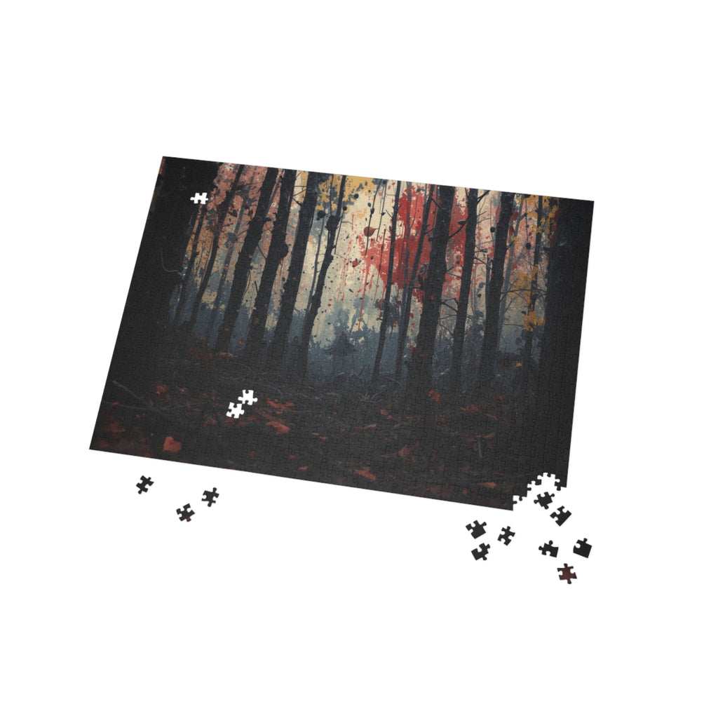 HUSHWOOD 500-piece abstract forest art puzzle by Scattercrate — hushed moody forest jigsaw gift