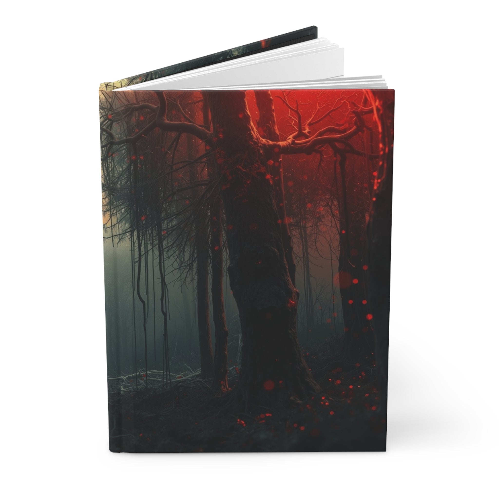 CRIMSONVEIL misty forest hardcover art journal by Scattercrate — deep red moody forest notebook