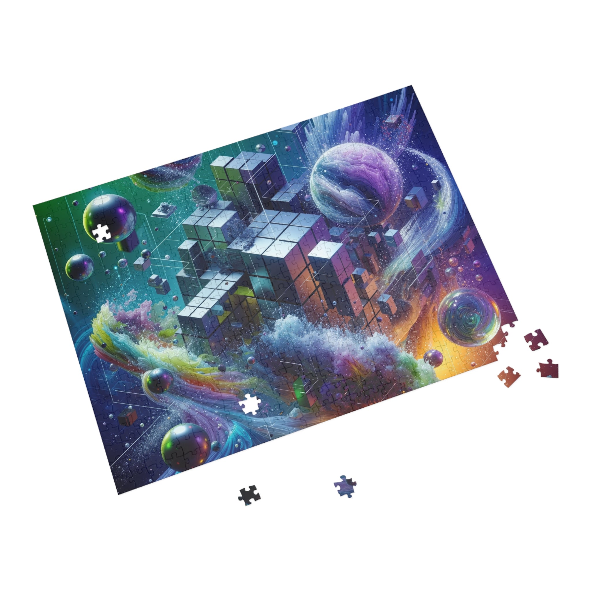 VOXEL chrome geometric cosmos jigsaw puzzle by Scattercrate — mirror cubes suspended in a green-violet nebula