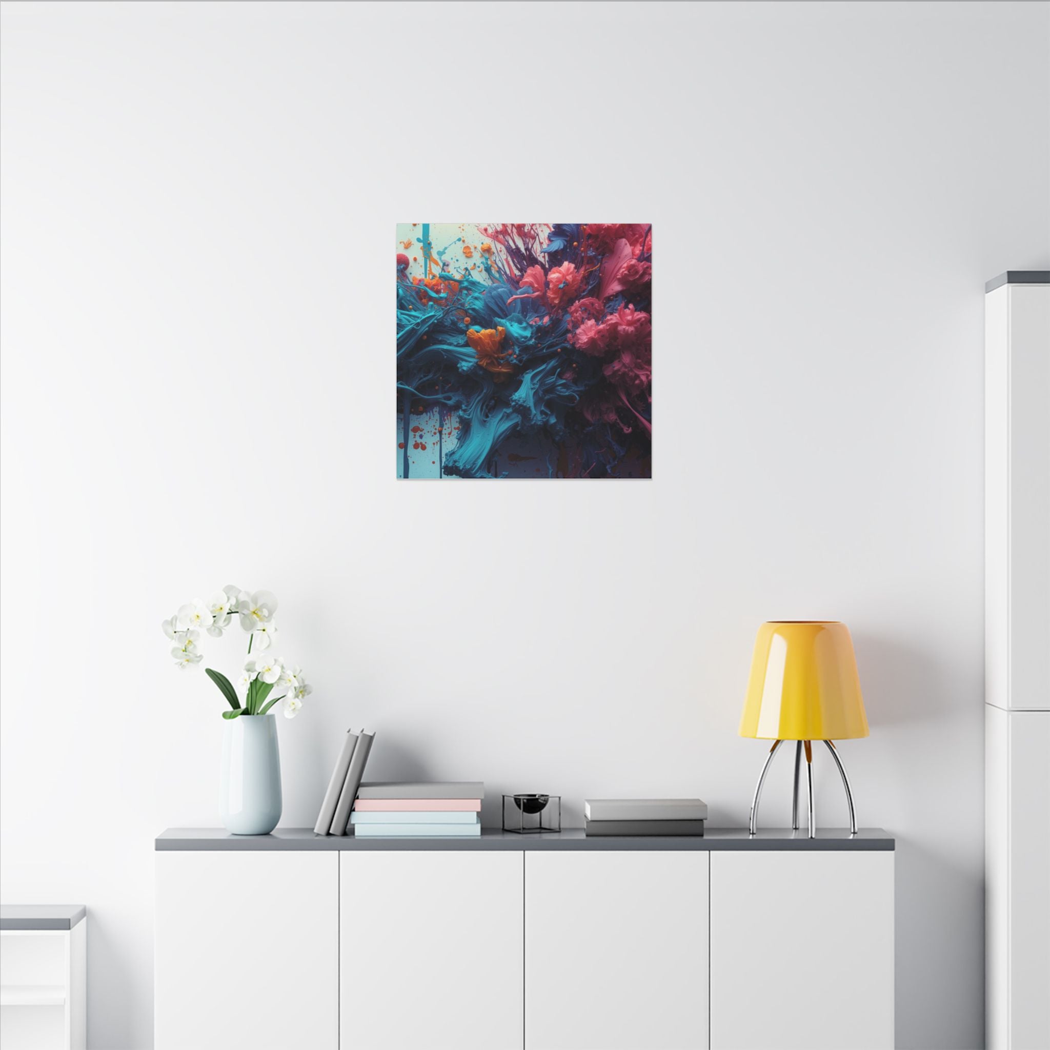 Marigoldtide canvas print by Scattercrate — turquoise ink tide with real marigold and dahlia blooms