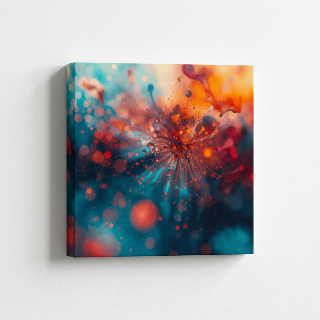 Sparkburst canvas print by Scattercrate — a red-orange starburst in a blur of teal bokeh