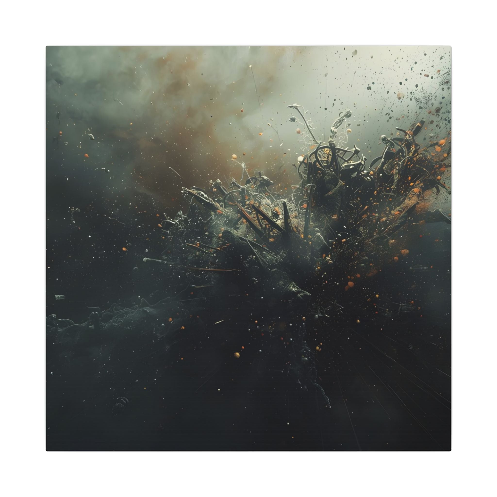 Cindershatter canvas print by Scattercrate — charcoal debris and ember explosion