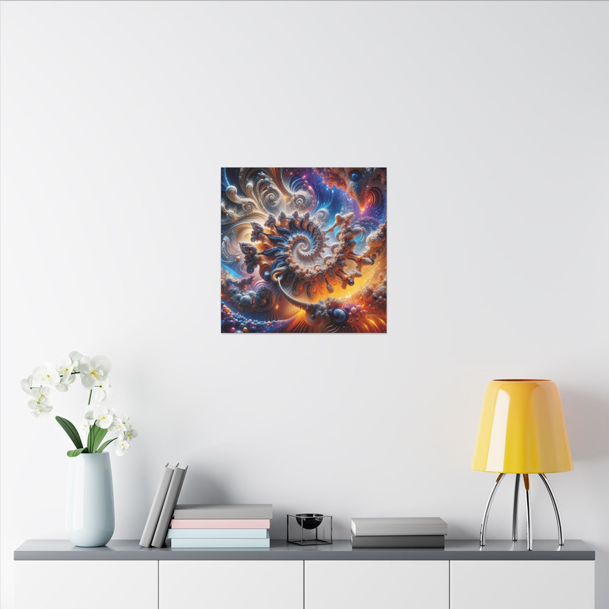 AMMONITE cosmic spiral shell canvas print by Scattercrate — icy blue fractal coil against molten gold
