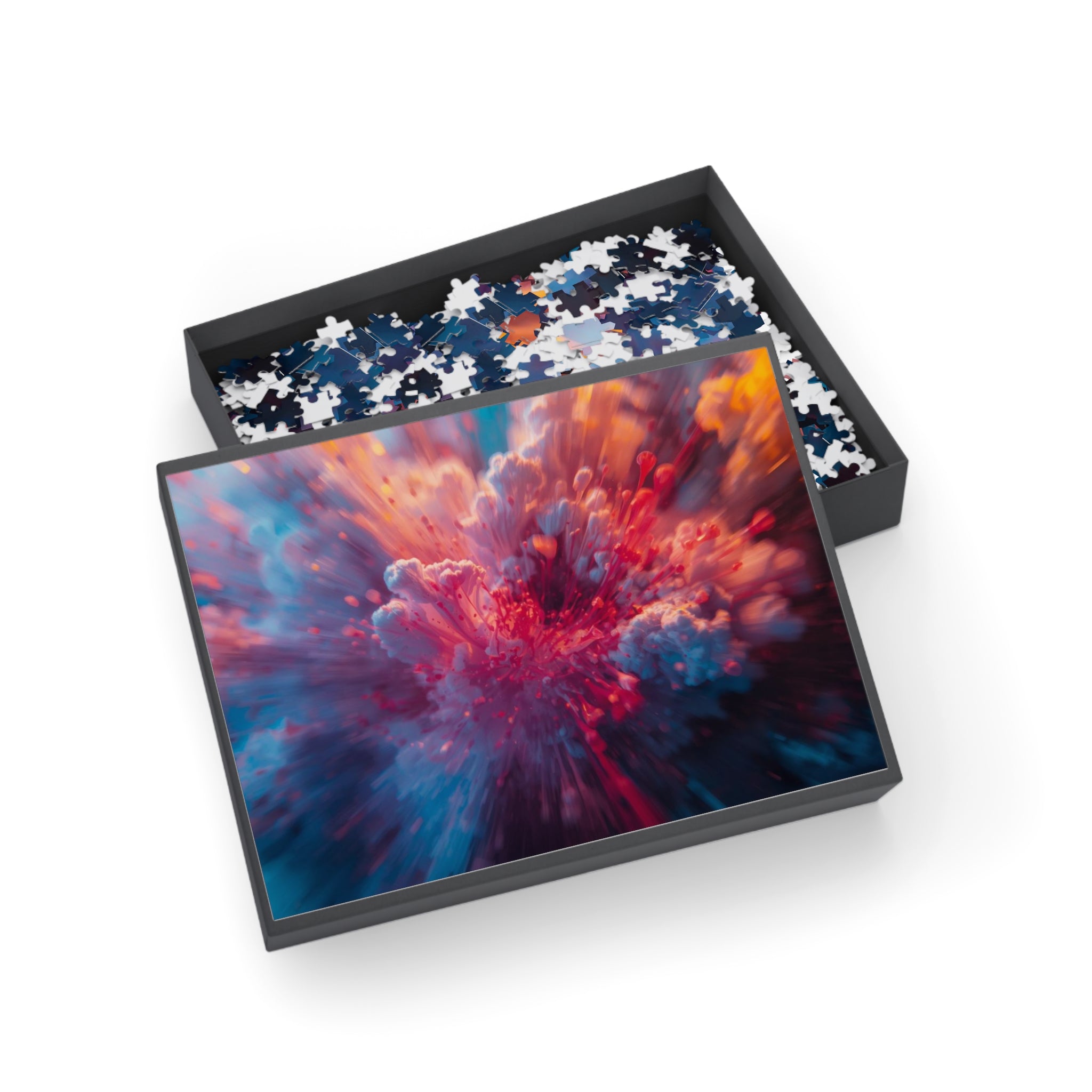 Vortexbloom 500-piece jigsaw puzzle by Scattercrate — red, pink and gold radial motion burst art