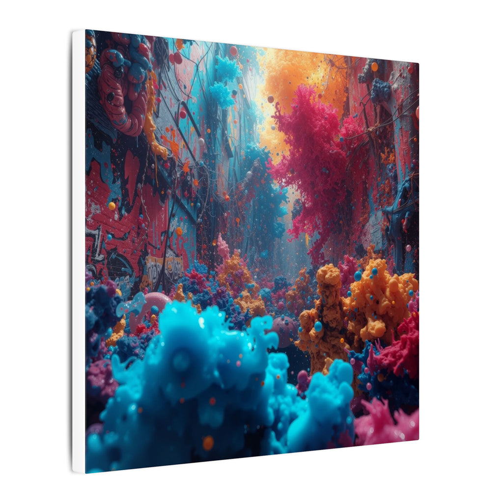 Alleybloom canvas print by Scattercrate — graffiti coral ink blooms on a tagged alley wall