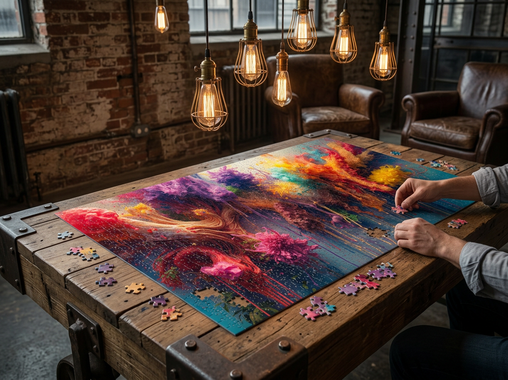 Spectrumdrip 500-piece puzzle by Scattercrate — gold, teal, magenta, and violet ink running in slow drips