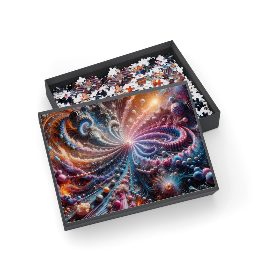 PULSAR radiant fractal burst jigsaw puzzle by Scattercrate — amber and blue-violet spirals exploding from a point of light