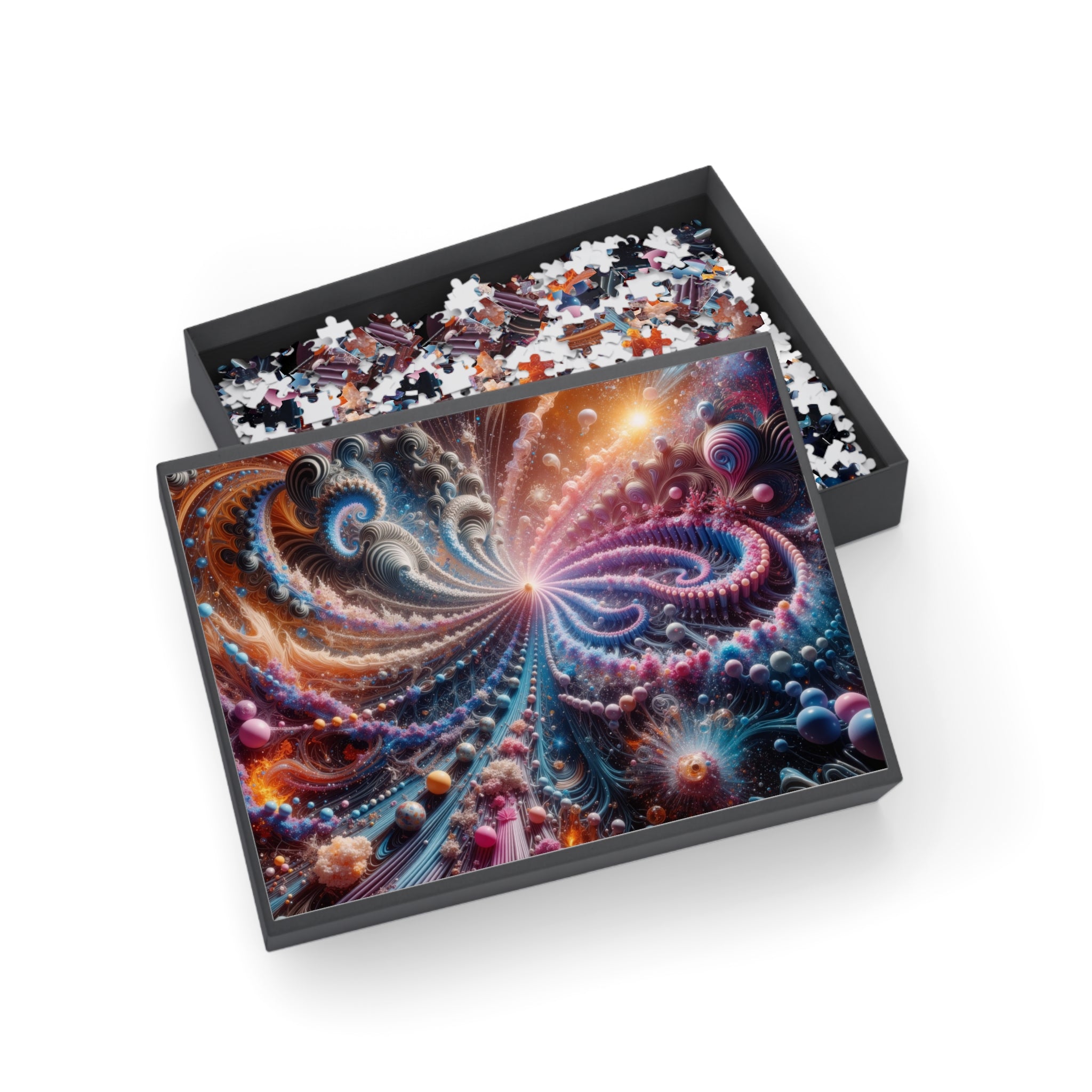PULSAR radiant fractal burst jigsaw puzzle by Scattercrate — amber and blue-violet spirals exploding from a point of light