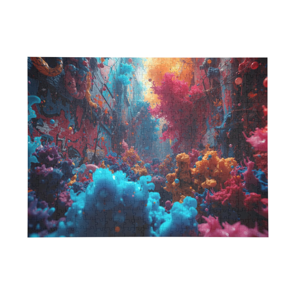 Alleybloom 500-piece jigsaw puzzle by Scattercrate — graffiti coral ink blooms on a tagged alley wall