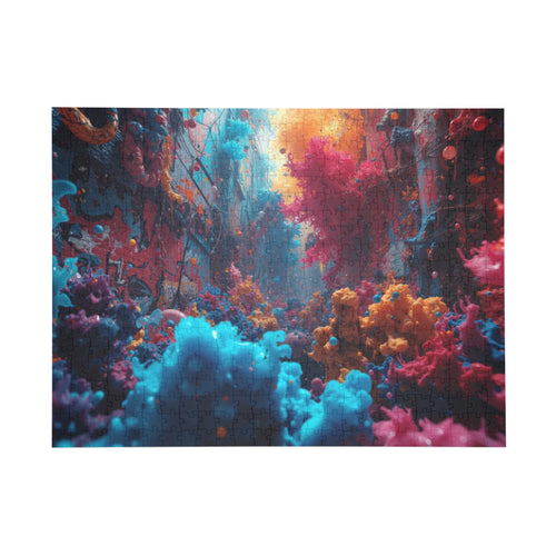 Alleybloom 500-piece jigsaw puzzle by Scattercrate — graffiti coral ink blooms on a tagged alley wall