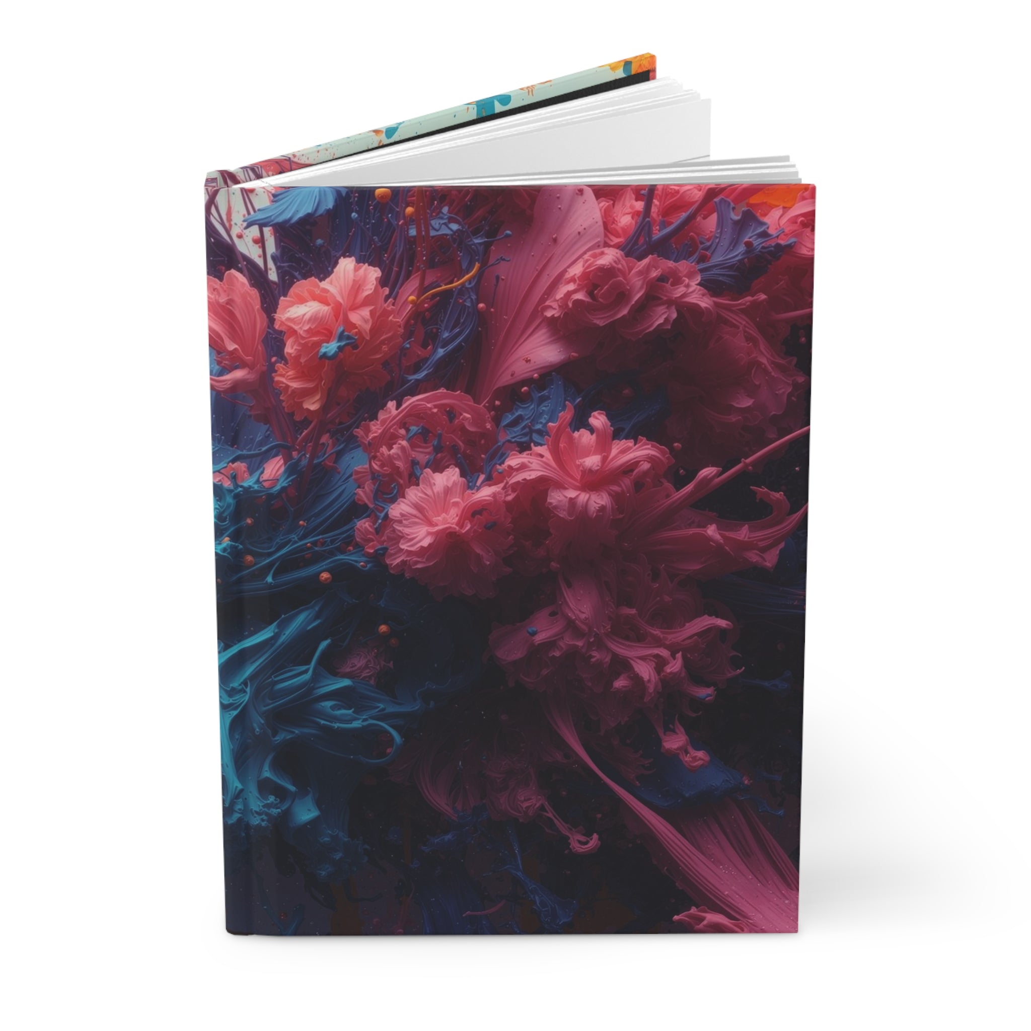 Marigoldtide hardcover journal by Scattercrate — turquoise ink tide with real marigold and dahlia blooms