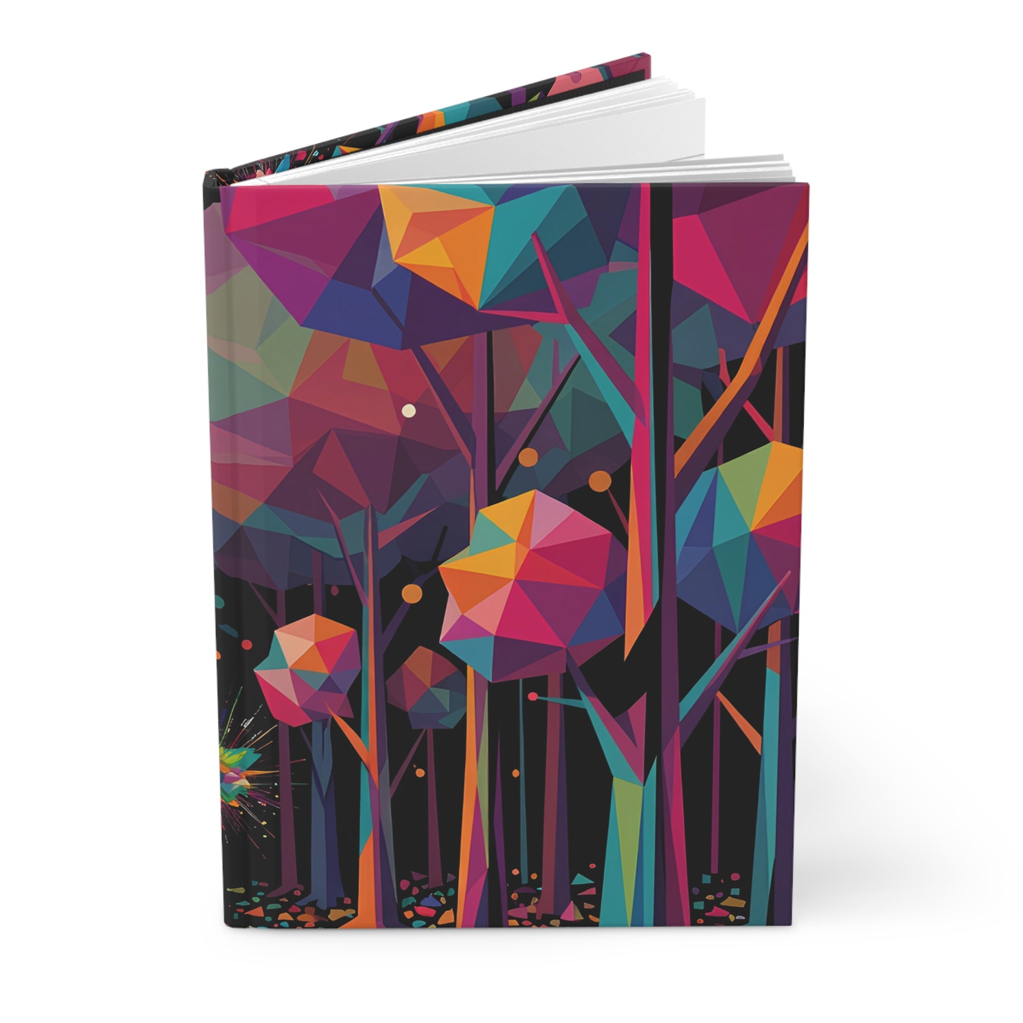 GEOMETRIC FOREST hardcover art journal by Scattercrate — emerald and gold low-poly geometric forest cover