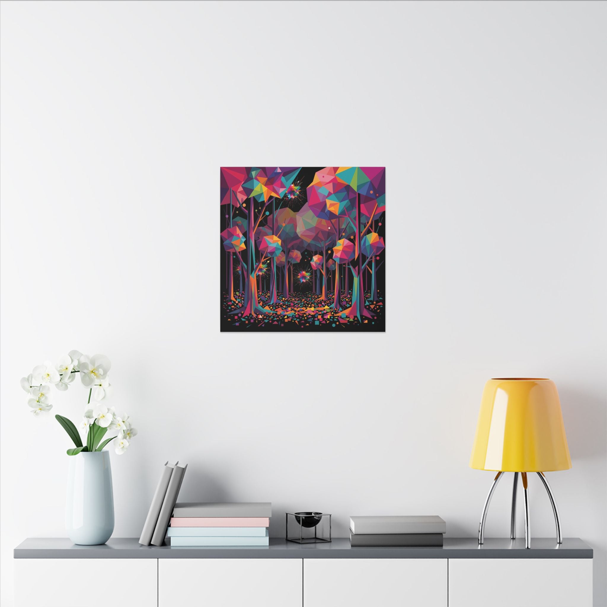 GEOMETRIC FOREST framed canvas wall art by Scattercrate — emerald and gold low-poly geometric forest art