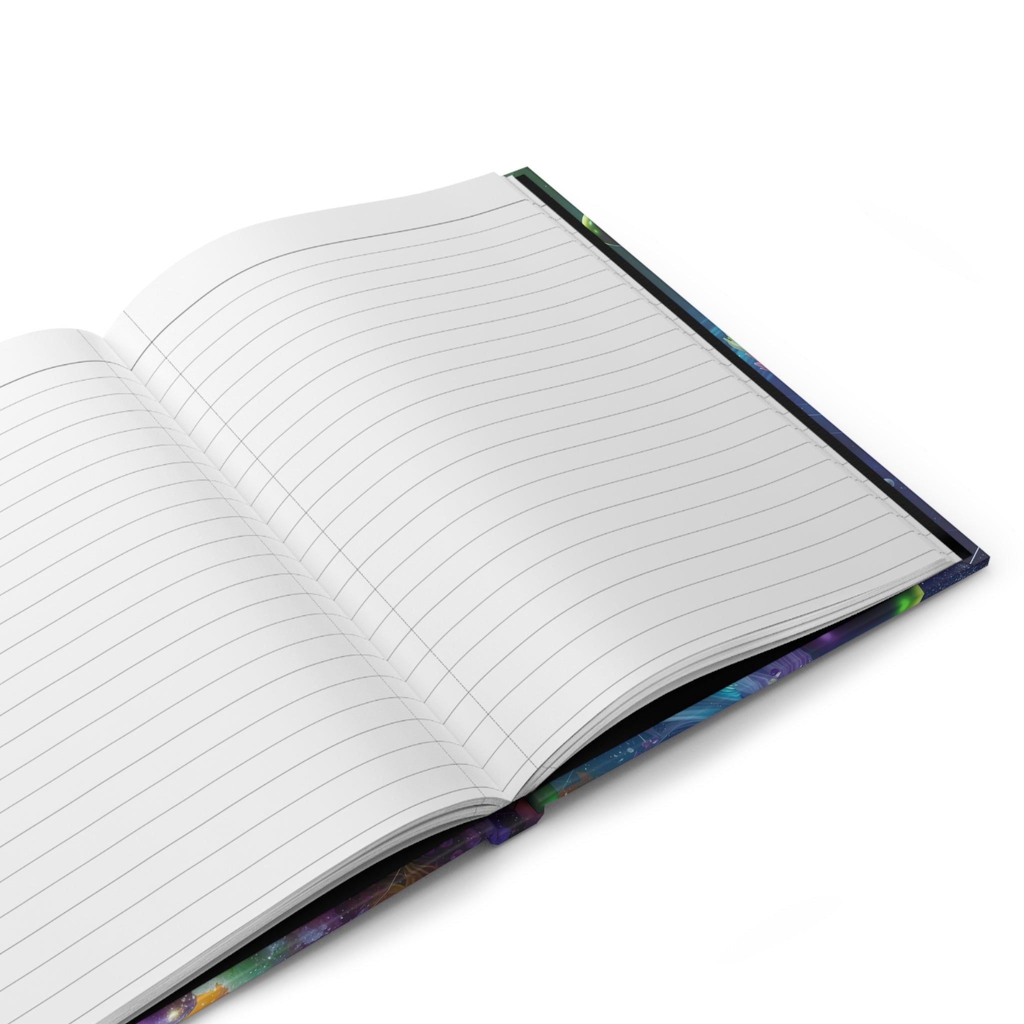 VOXEL chrome geometric cosmos hardcover journal by Scattercrate — mirror cubes suspended in a green-violet nebula