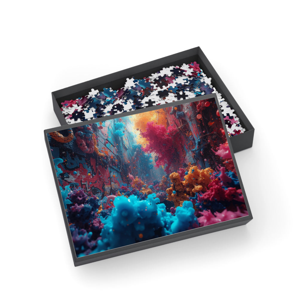 Alleybloom 500-piece jigsaw puzzle by Scattercrate — graffiti coral ink blooms on a tagged alley wall