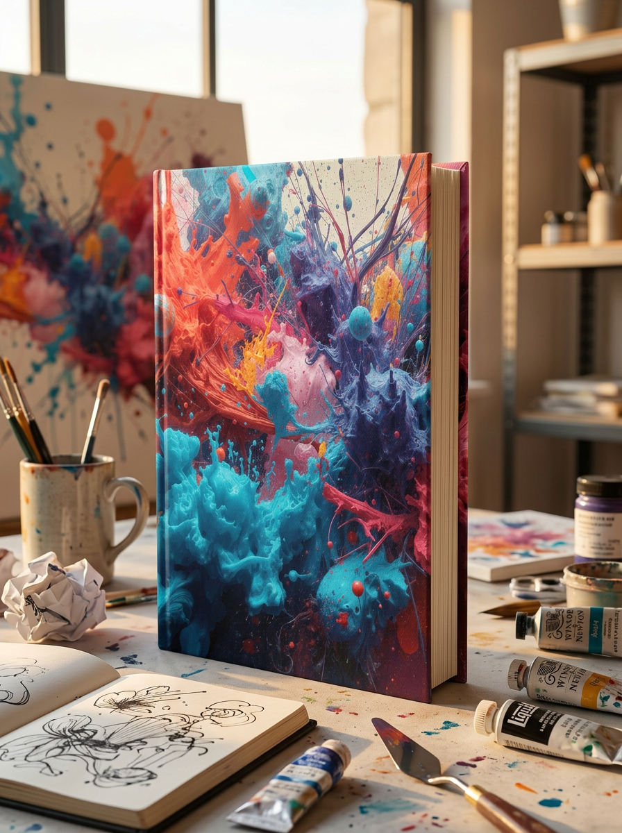 Tempestsplash hardcover journal by Scattercrate — violet, teal, and burnt orange ink colliding mid-air