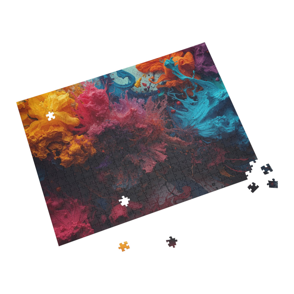Goldenreef 500-piece jigsaw puzzle by Scattercrate — marigold and coral tones in a glowing reef-inspired abstract
