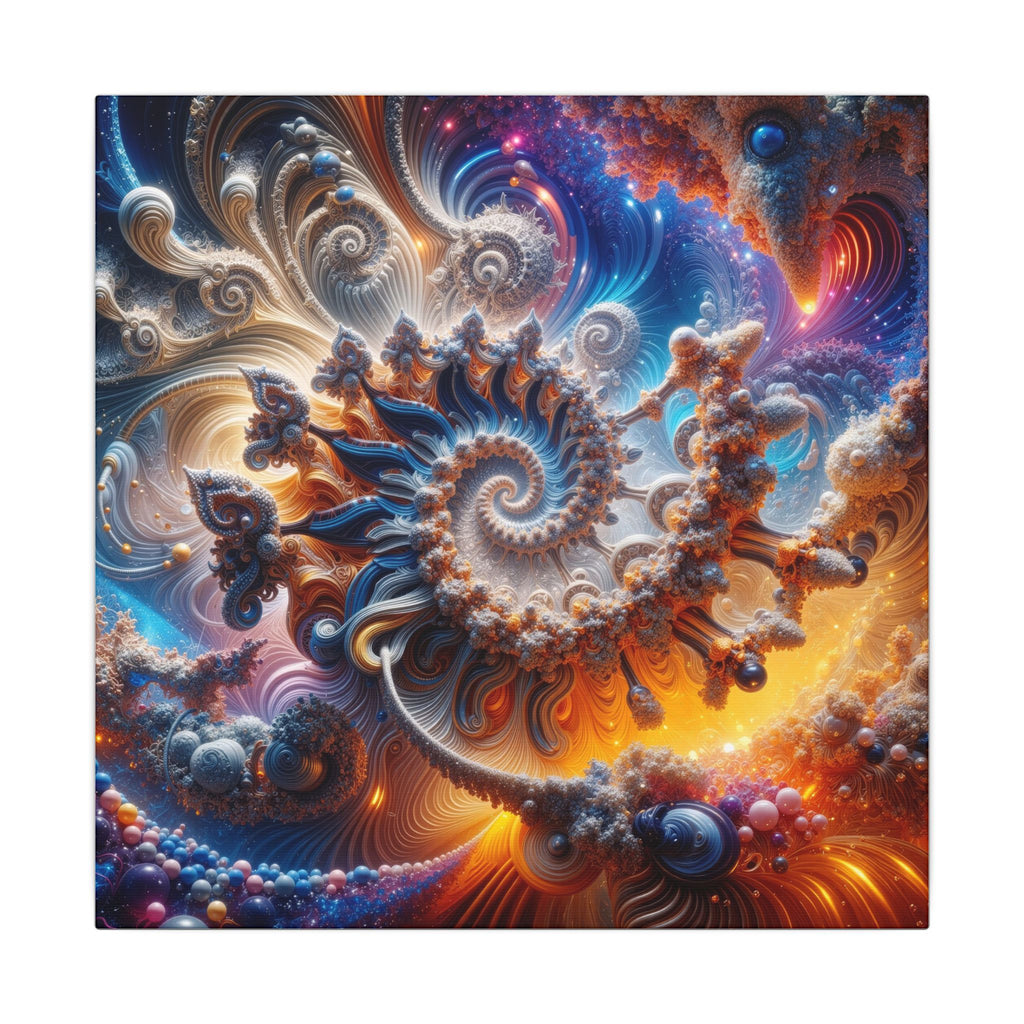 AMMONITE cosmic spiral shell canvas print by Scattercrate — icy blue fractal coil against molten gold