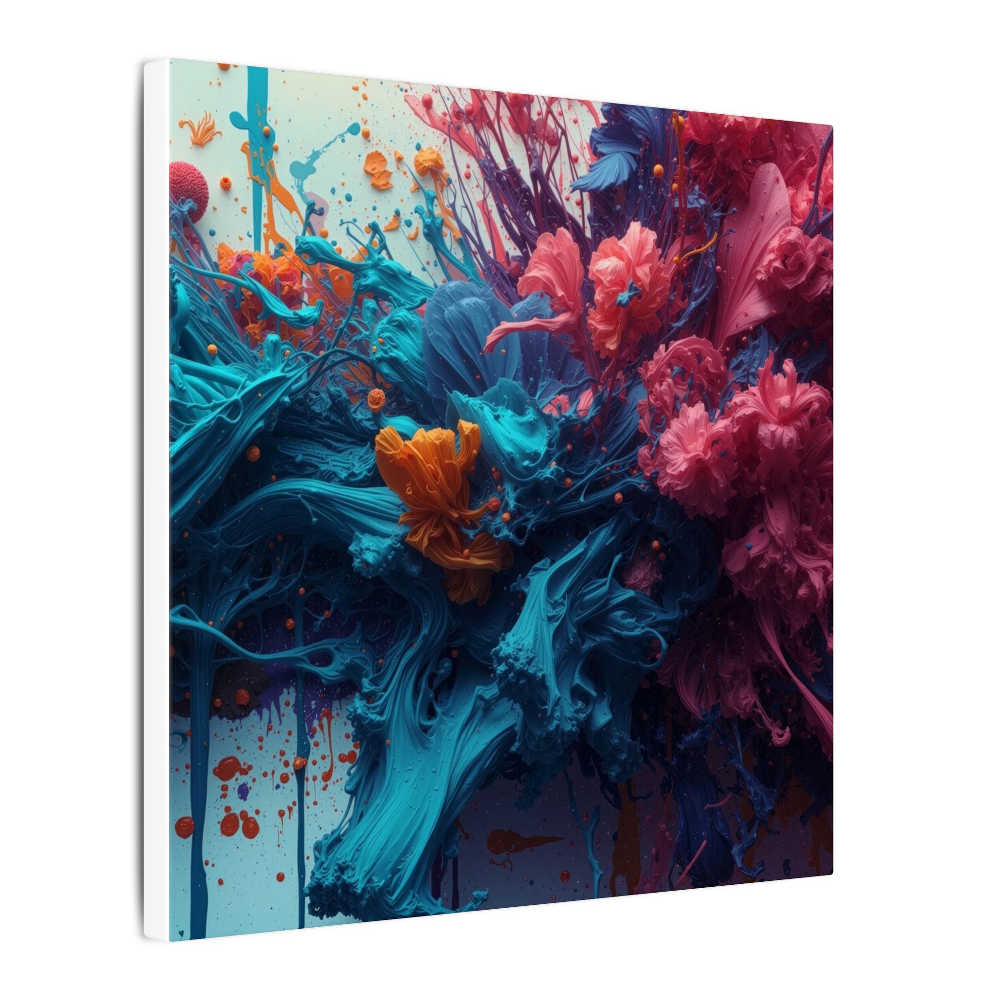 Marigoldtide canvas print by Scattercrate — turquoise ink tide with real marigold and dahlia blooms