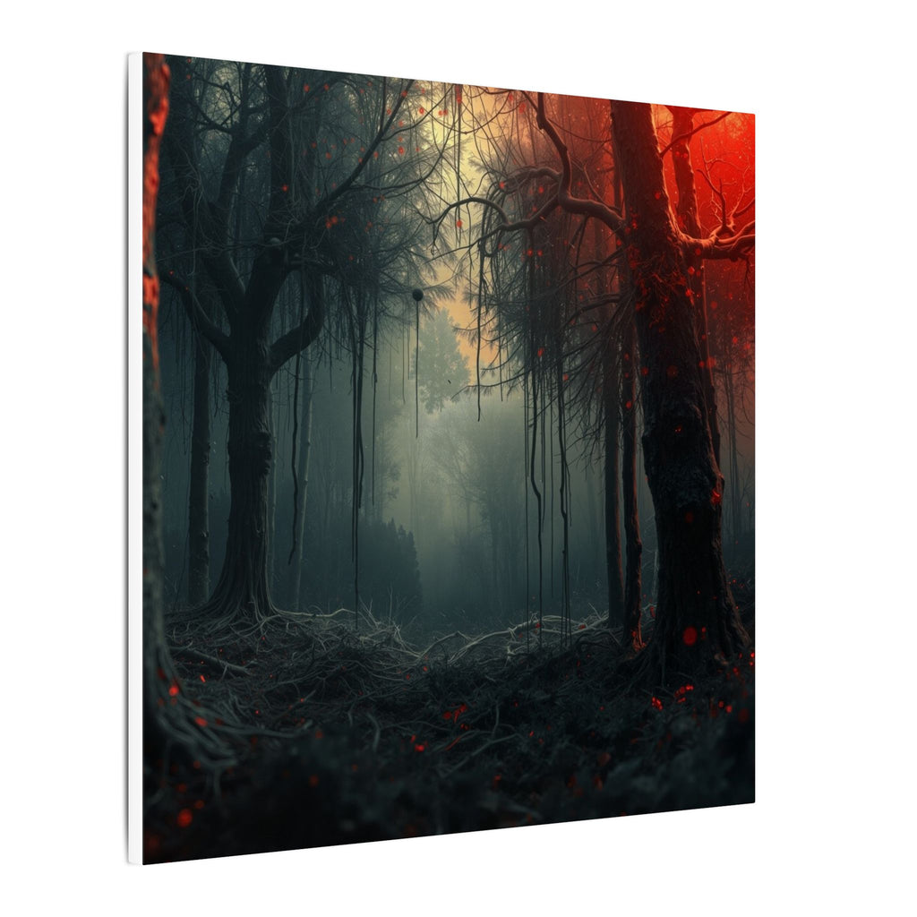 CRIMSONVEIL crimson canopy misty forest framed canvas wall art by Scattercrate — deep red moody decor