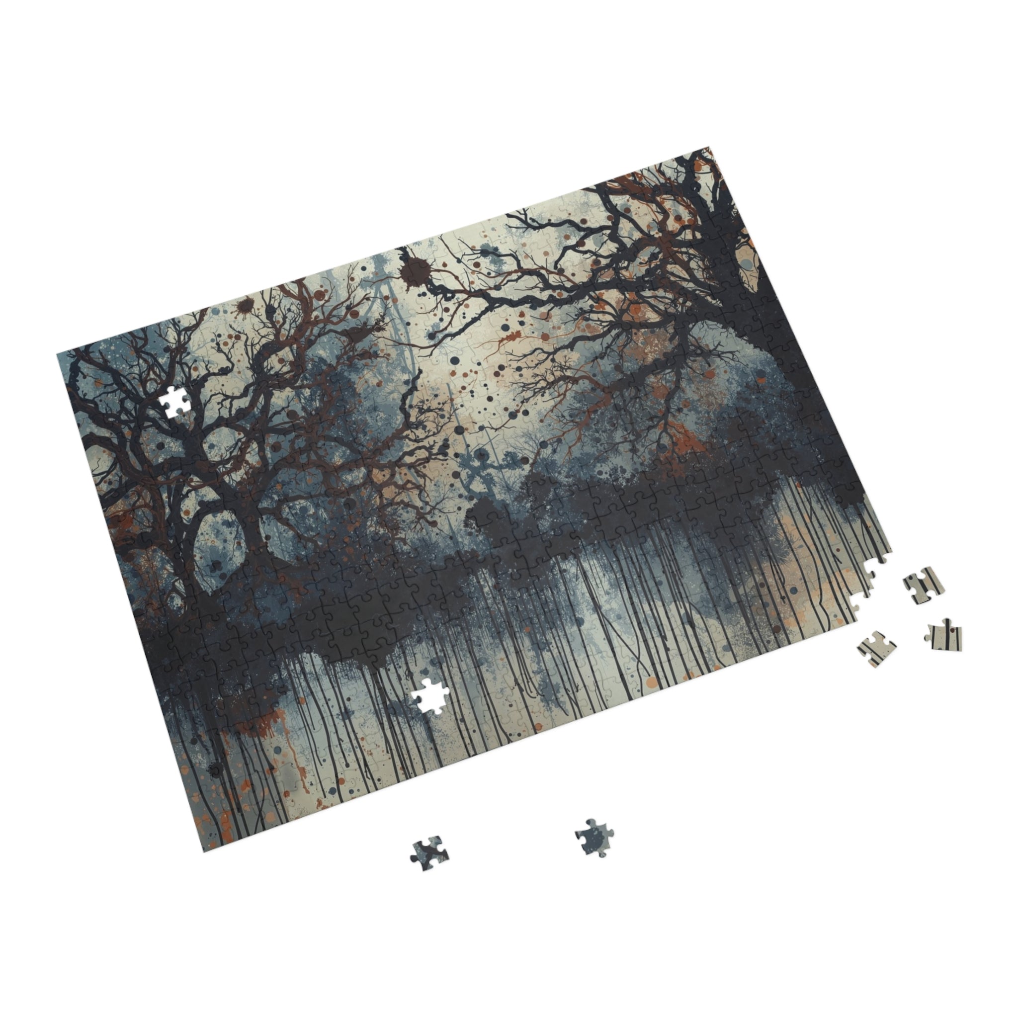 DUSKWOOD bare tree ink forest art puzzle by Scattercrate — misty winter copper splatters