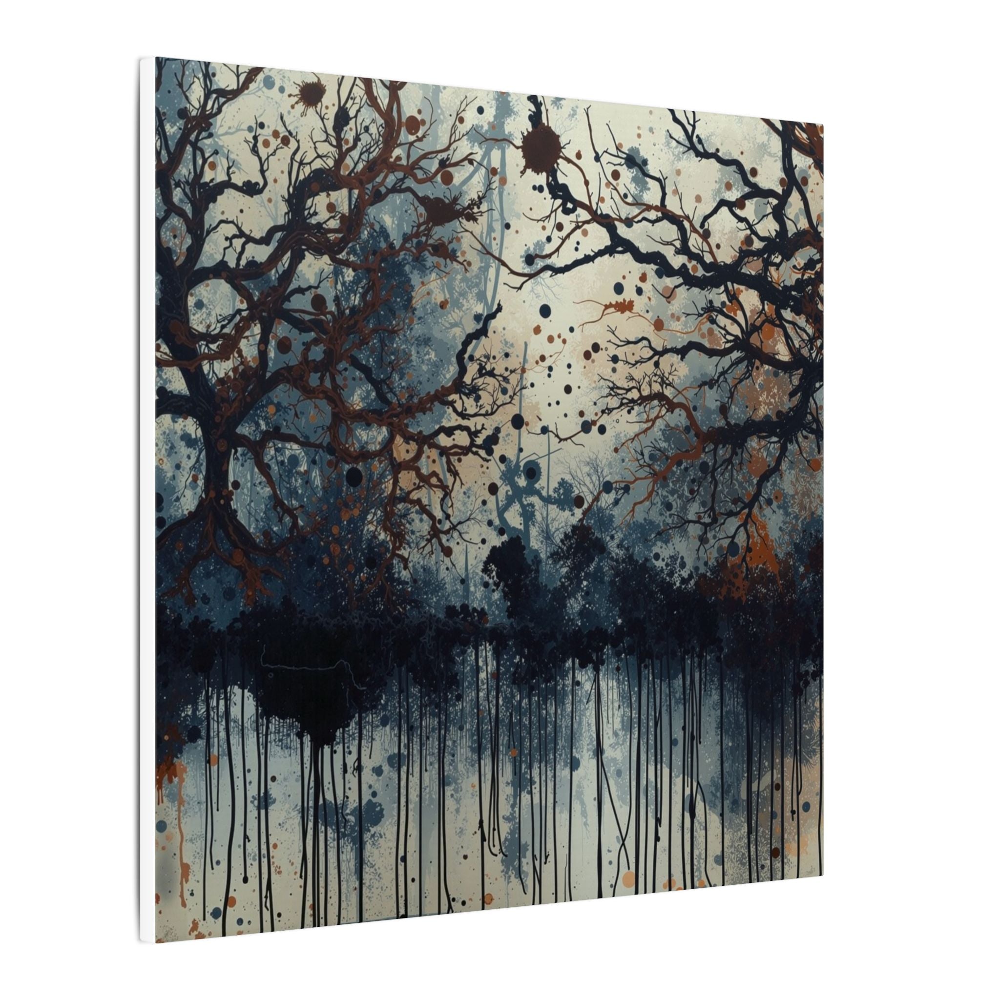 DUSKWOOD bare tree ink forest canvas wall art by Scattercrate — misty winter copper splatters